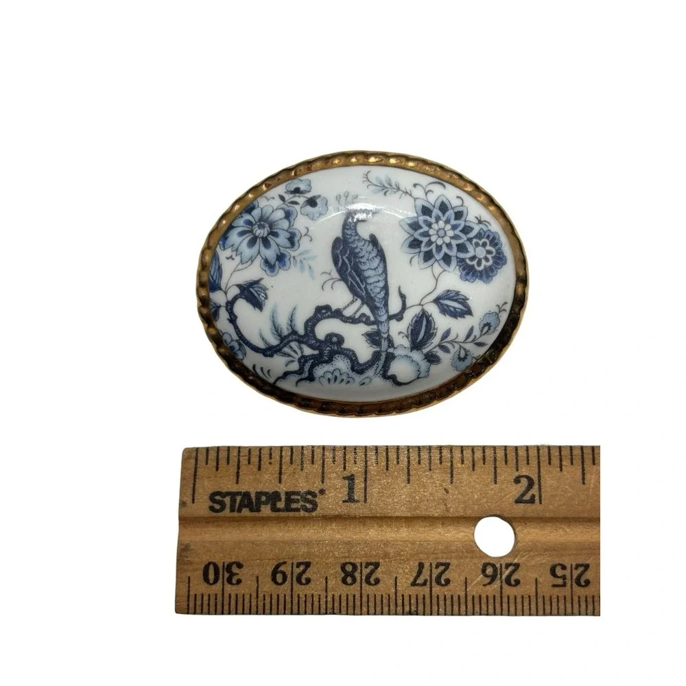 Vintage Aynsley Gold Tone Frame White Blue Bone China Floral Peacock Brooch Pin